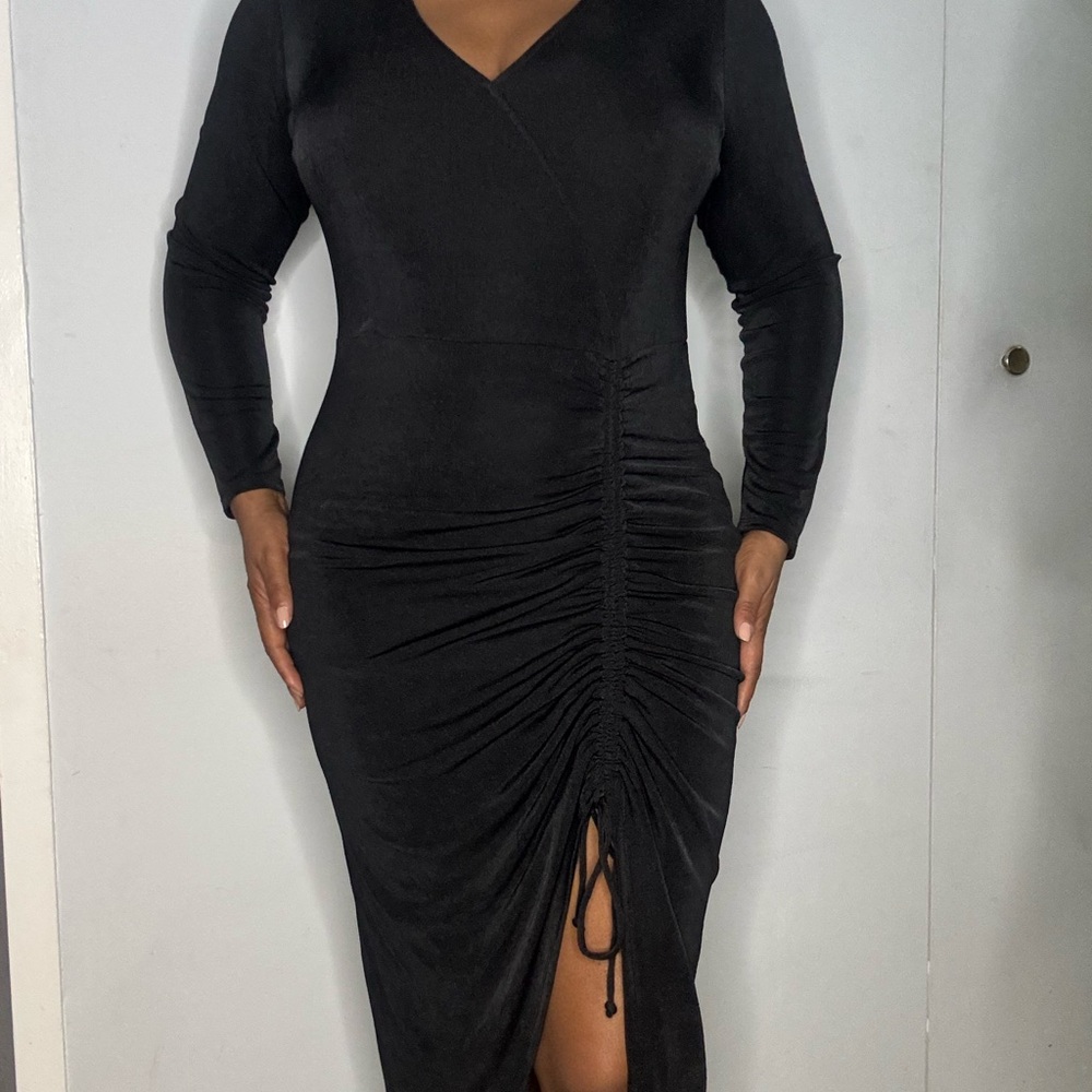 Black Asymmetrical Ruched Long Sleeve Dress